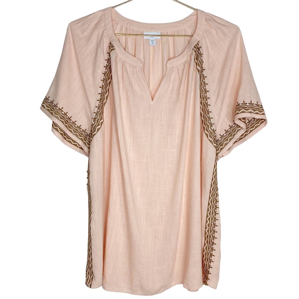 J Jill Womens Size‎ XLP Embroidered Blouse Top Peach Orange Linen Blend Petite